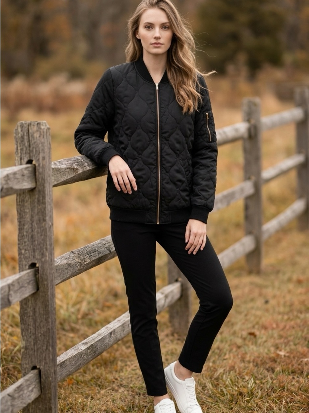 Love Tree Black Quilted Bomber Jacket
